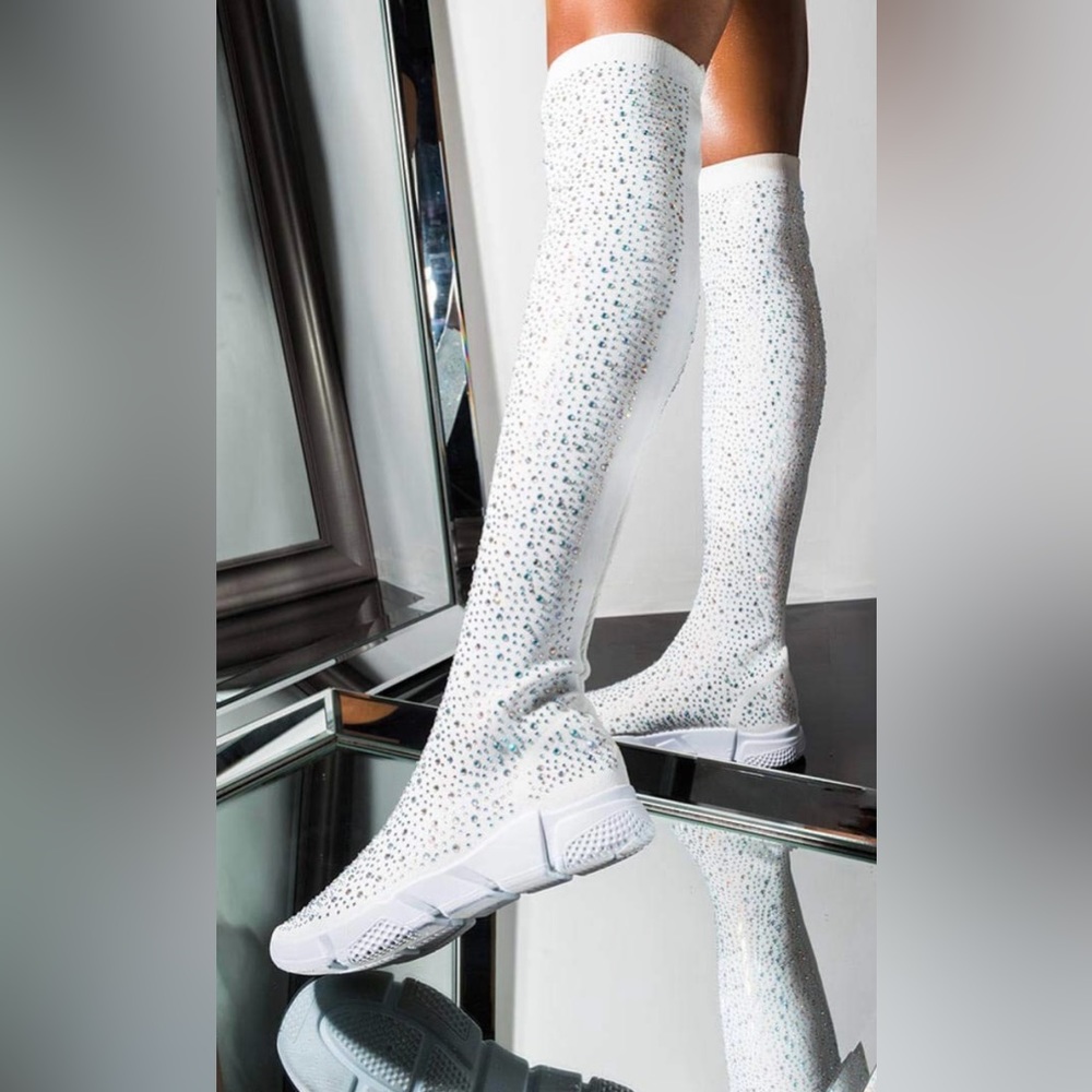 White knee high bedazzled knit shoes